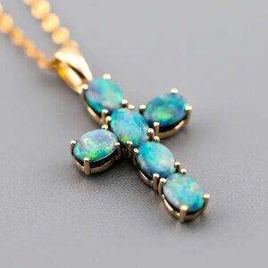 Australian Doublet Opal Cross Pendant Necklace 14K Yellow Gold